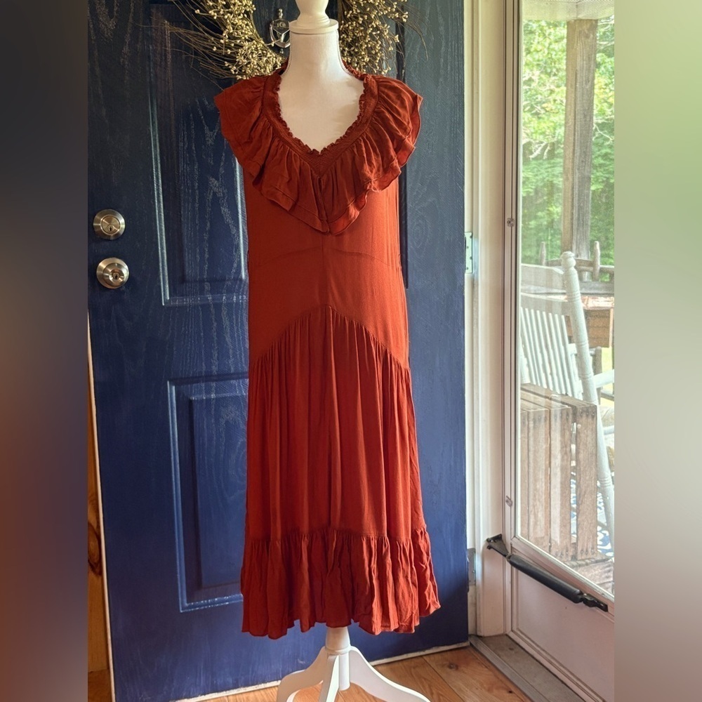 ZARA Women's Orange Fall Ruffle Midi Dress Sleeveless Flowy Size Small